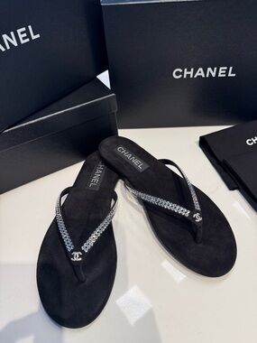 CHANEL Black Suede Crystal-Strap Thong Sandals